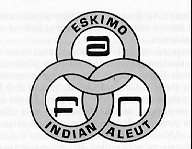 Black and white logo of AFN shows three intertwined rings the top ring says Eskimo, the left ring says Indian, and the right ring says Aleut.